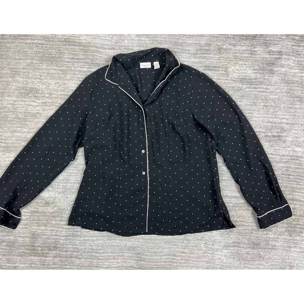 Covington Blouse Womens Large Black Polka Dot Button Up Long Sleeve Piping Top